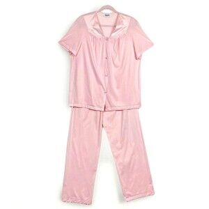 VTG Vanity Fair Pink Nylon Pajama Set Short Sleeve Button Top & Pants WMS SZ L